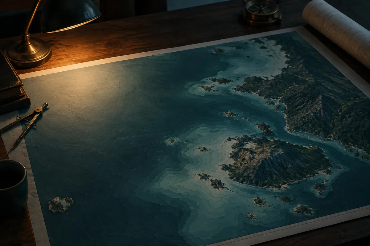 An unfurled nautical chart on a wooden chart table, lit by a low desk lamp, its markings too faint to read, in a quiet study.