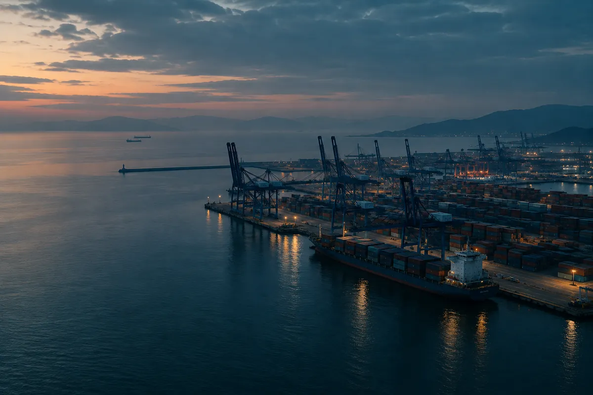 A container port at dusk, gantry cranes and stacked containers in silhouette against a fading sky, no readable text on any container.