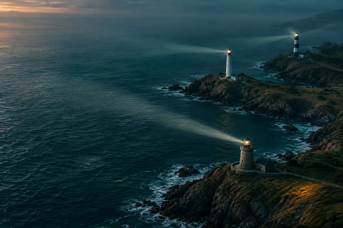 Three lighthouses of different shapes on separate headlands of one coast at dusk, their beams crossing the same water, seen from above.