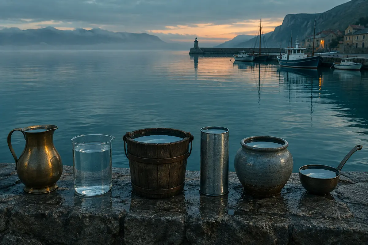 Six differently shaped vessels, from a brass jug to a ladle, stand in a row on a weathered quay at dawn, all filled to the same water level.