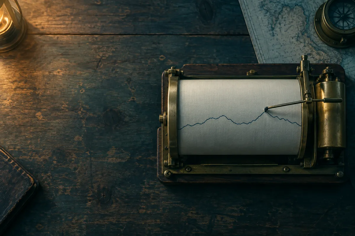 A brass drum barograph on a wooden chart table seen from above, its pen tracing a long wavering ink line in soft dawn light