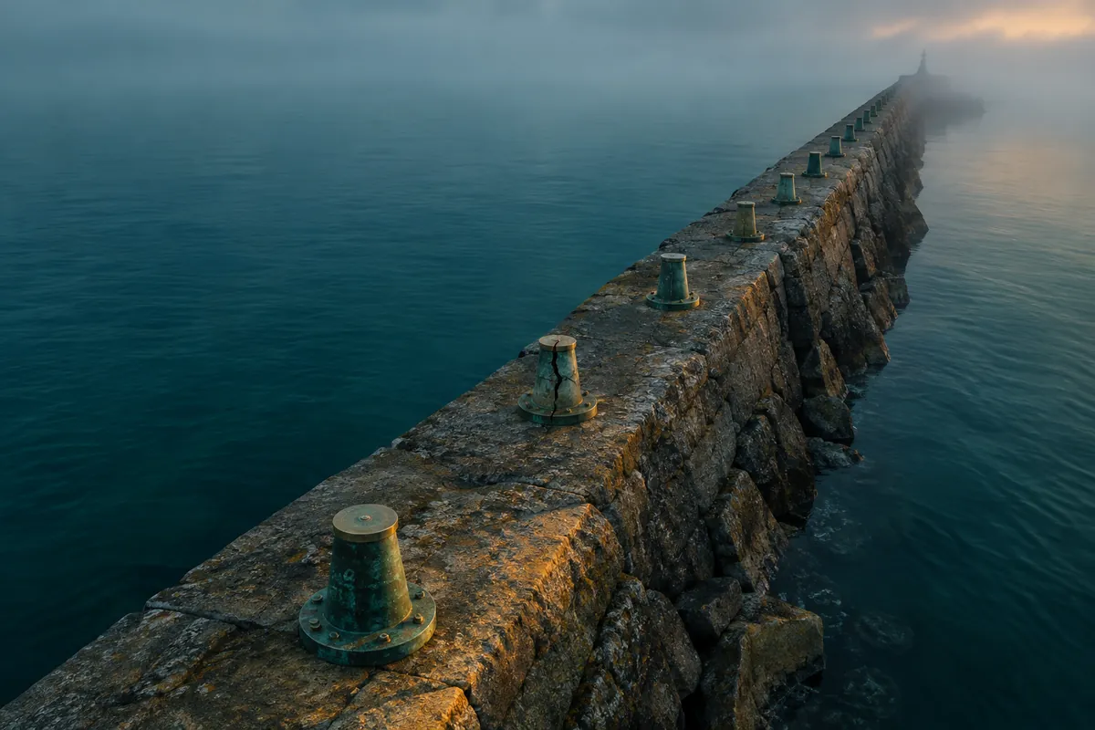 A stone breakwater seen from above at dawn, with brass survey markers along it, most weathered and one cracked, calm water both sides.