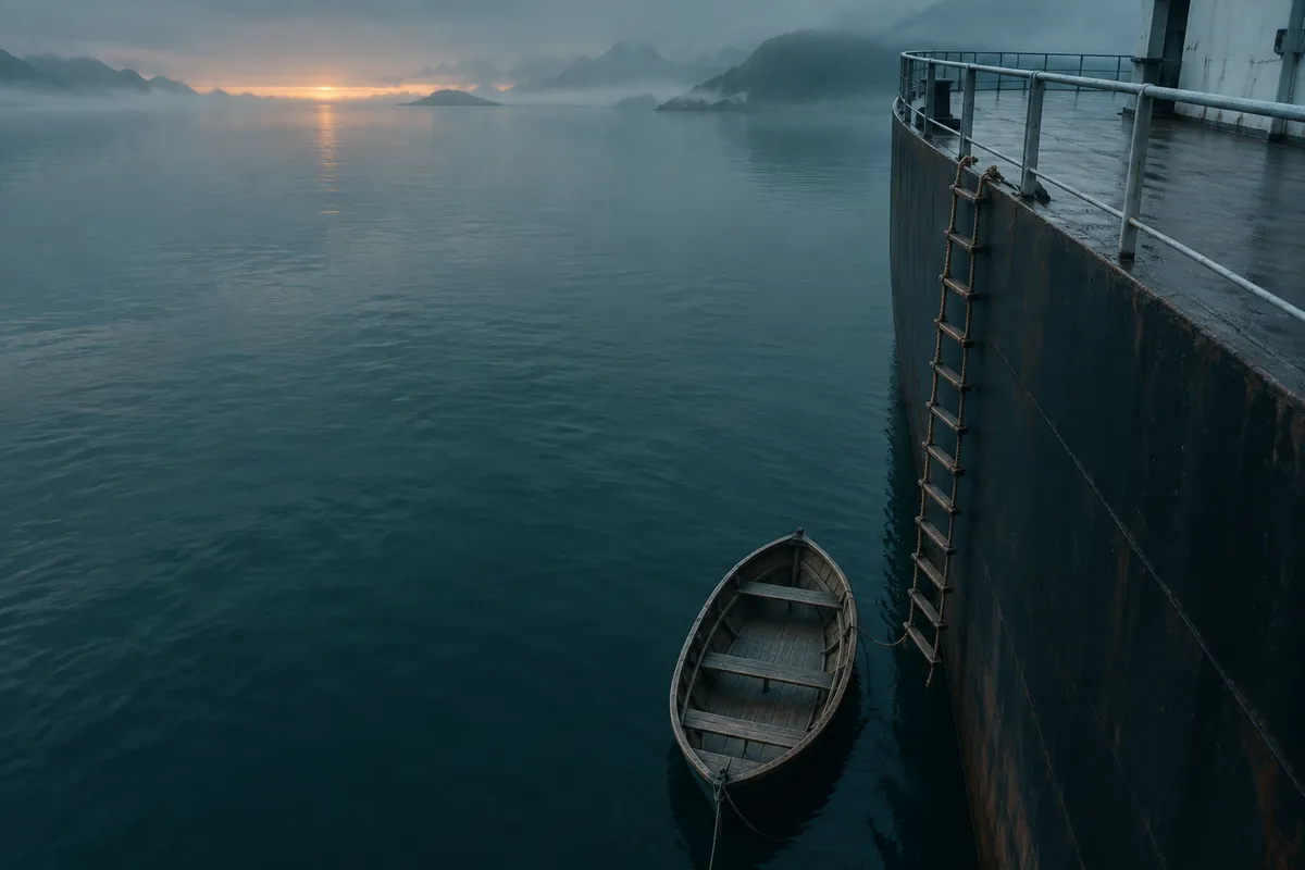 A rope and wood pilot ladder down the dark hull of an anchored ship at dawn, seen from above, a small empty boat moored below.