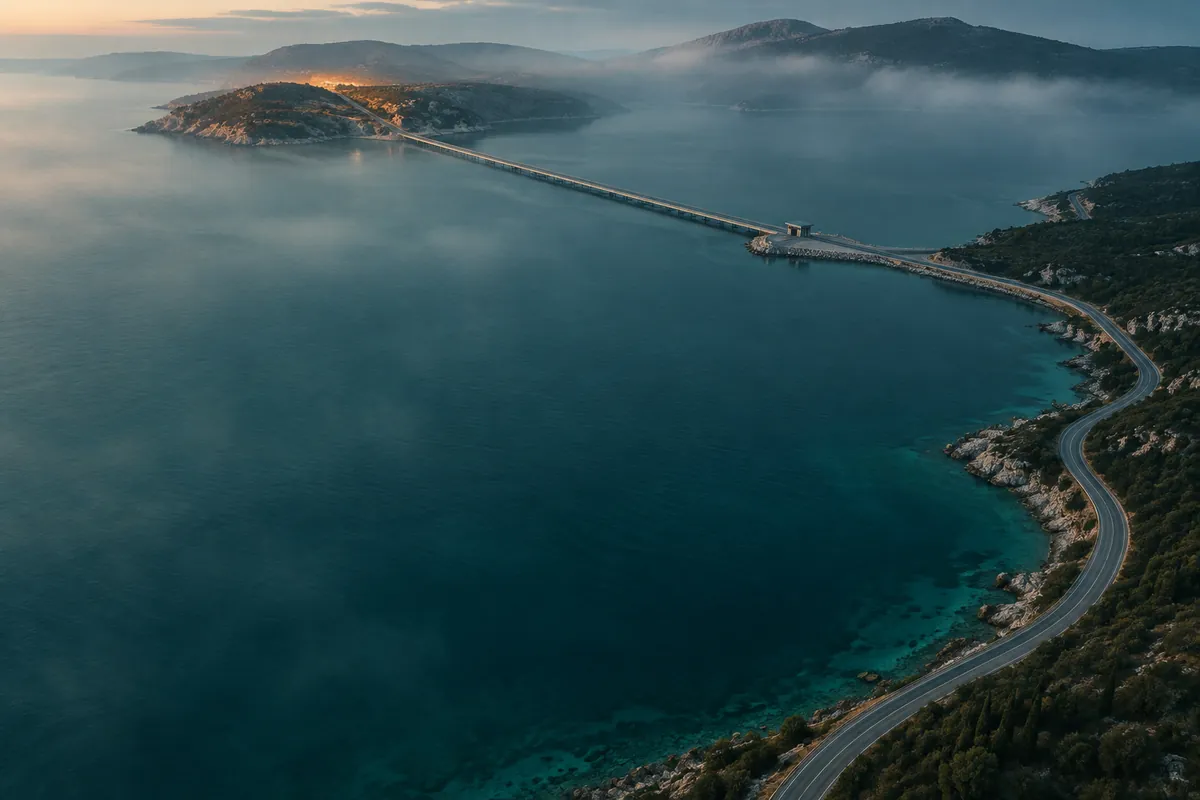 A coastal road curving around a wide bay at dawn, with a straight causeway crossing the water and a small toll hut at its landing.