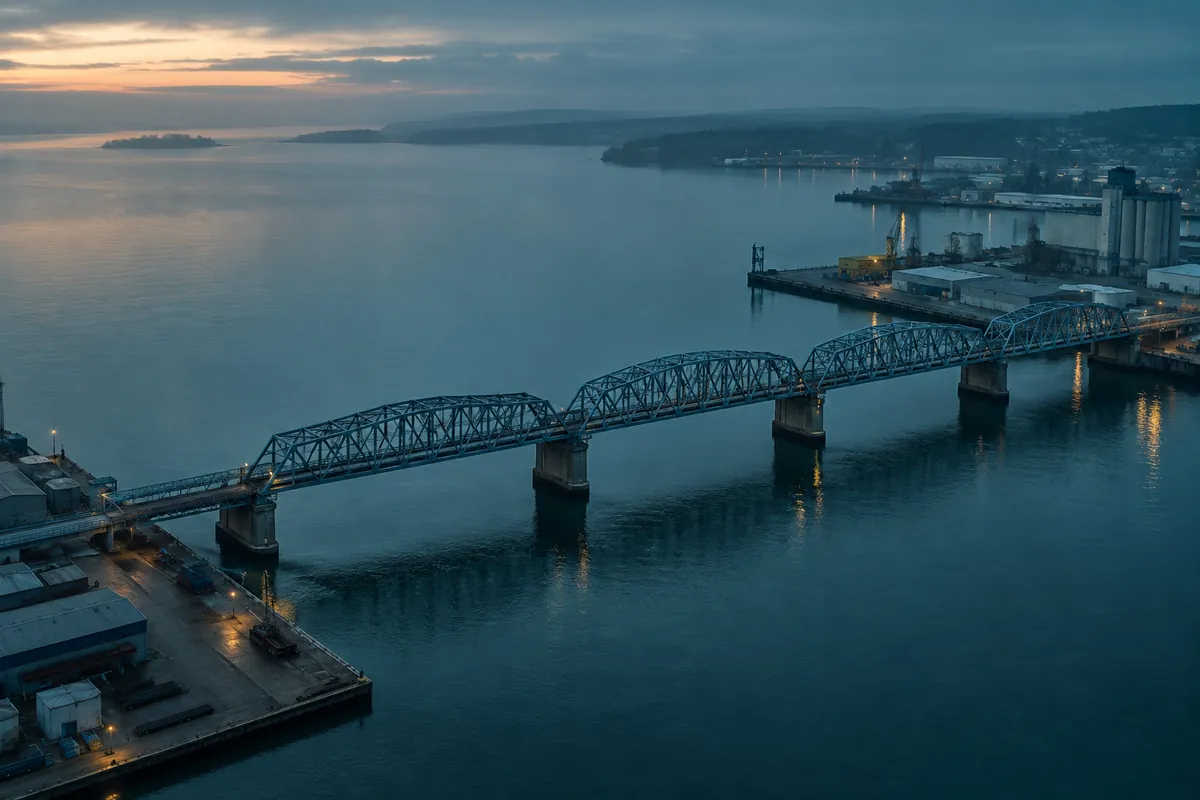A steel truss bridge with several distinct spans crossing calm water between two quays at dusk, empty of people or text.
