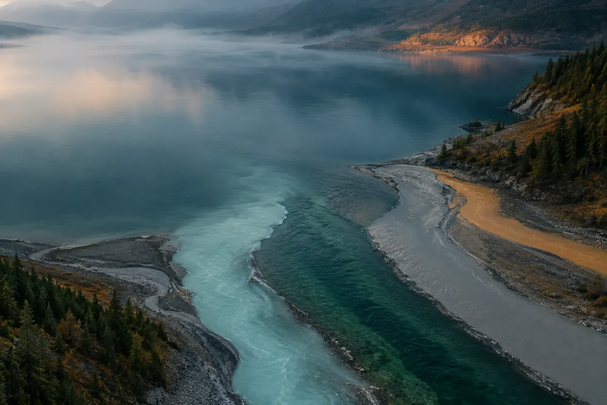 Four streams of turquoise, dark green, grey silt and ochre clay running side by side into one calm basin, seen from above at dawn.