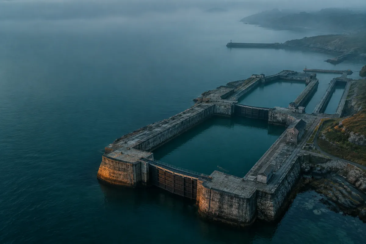 A large stone dock basin seen from above at dawn, with three locks of different sizes leading to three separate basins of calm water.