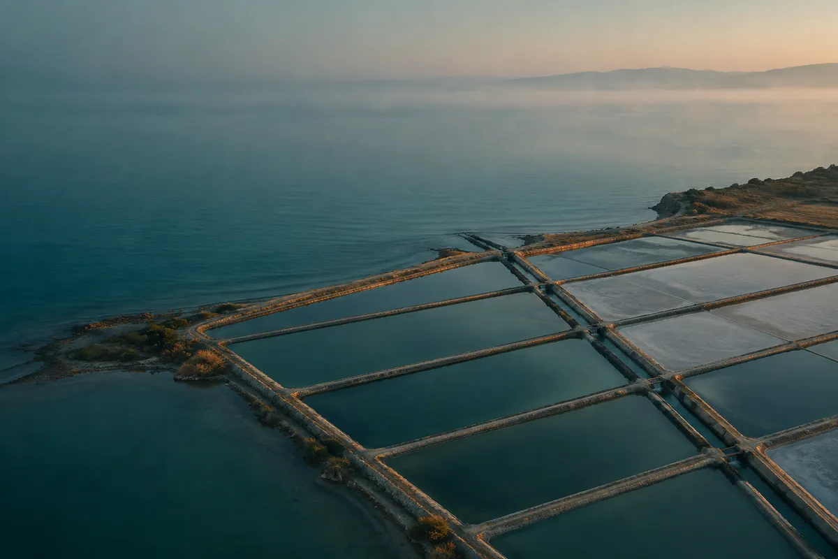 A coastal salt works seen from above at dawn: rows of rectangular ponds, one narrow sluice channel drawing a thin band from each.