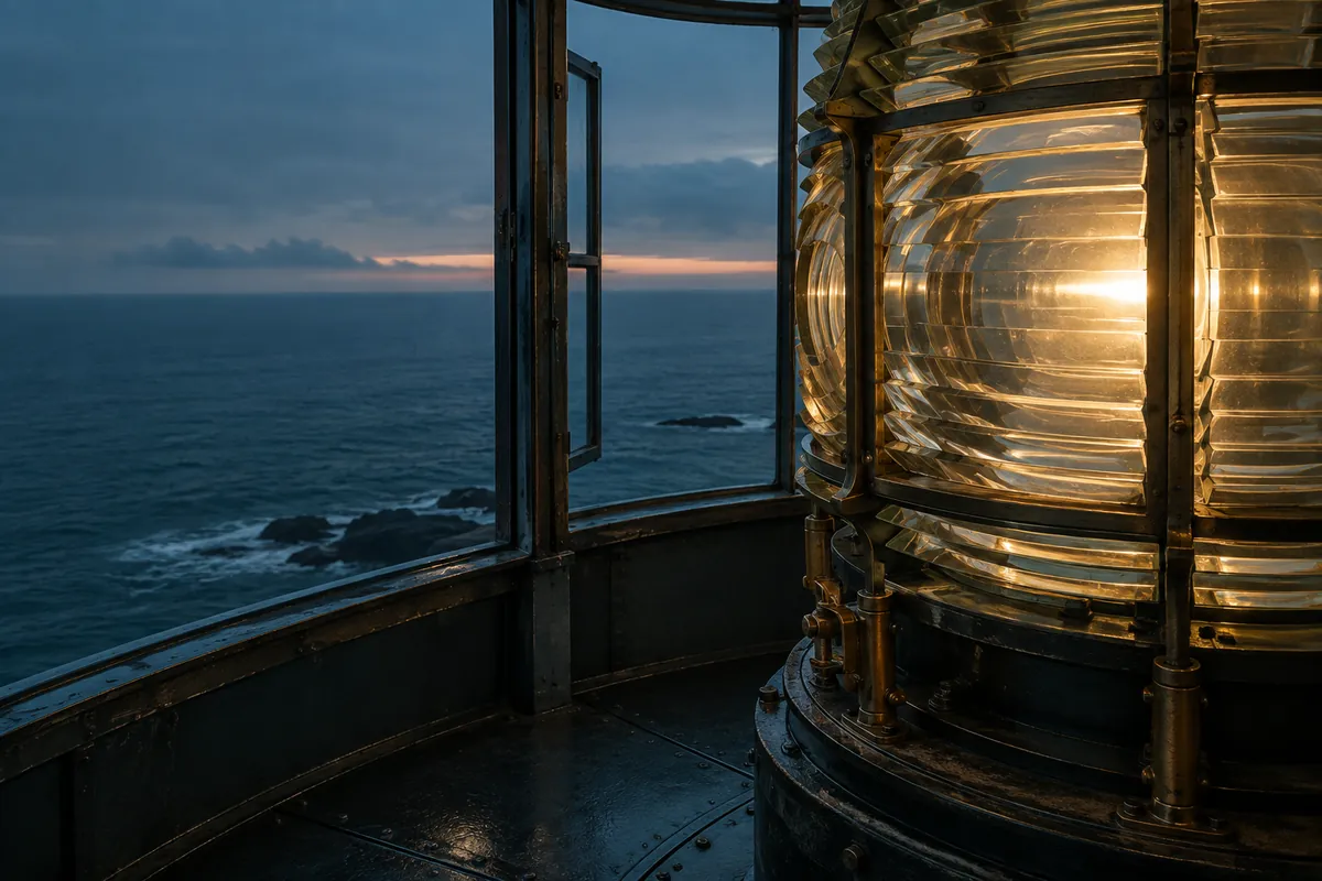 A lighthouse lamp room seen from inside, a brass and glass Fresnel lens glowing softly beside an open window onto a dark sea at dusk.