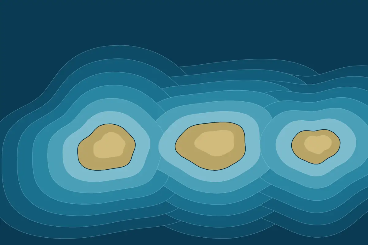 Depth chart of a small group of tan islands surrounded by stepped blue depth bands
