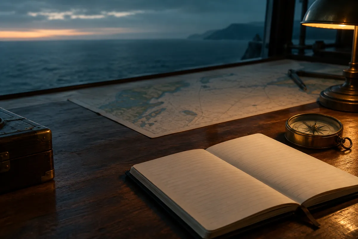 An open logbook and a brass compass on a navigation table, with a nautical chart in the background, under low, steady light.
