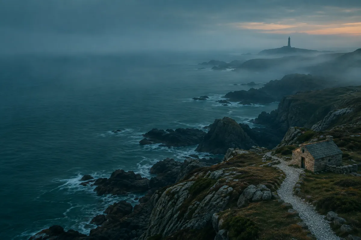 A misty stretch of coast at dusk, a dark lighthouse far away and a pebble path leading to a small shelter, in soft light.