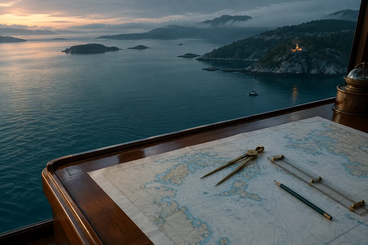 A brass compass, a parallel rule and a pencil on an unfolded nautical chart, lit by soft, low side light.