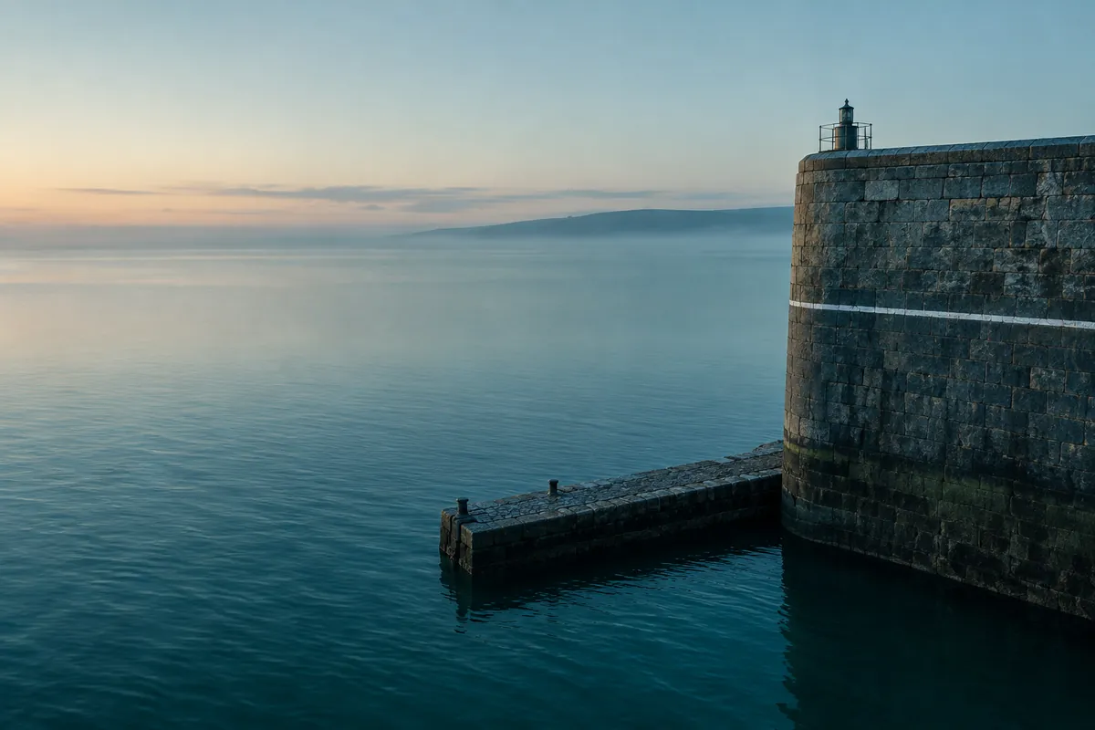 A stone harbour gauge wall at dawn, one high-water line across it, calm water below, open sky above, a quay stopping short of the line.
