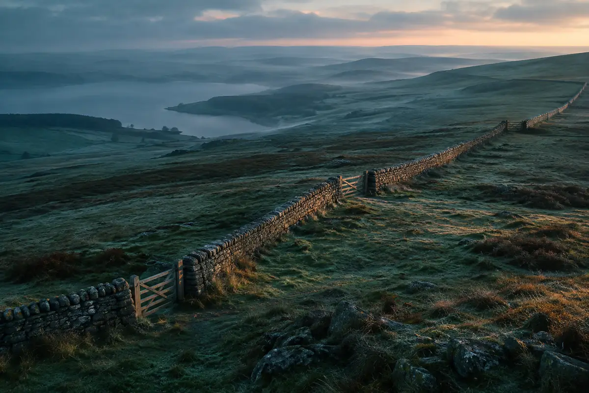 A dry-stone wall crossing moorland in low light, with a gap and a wooden gate at three different points along it.