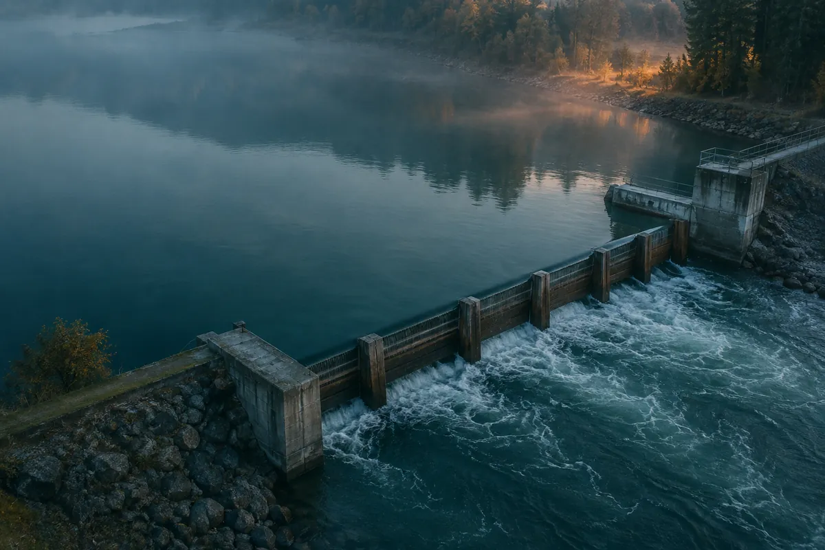 A river weir from above at dawn, wooden stop logs partly in the channel, water at a different level on each side