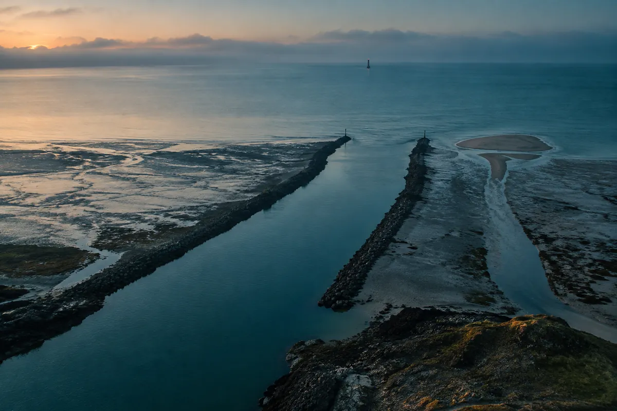 An aerial dawn view of a harbor approach: three tidal channels cross mudflats toward open water, two open, one narrowing into a sandbar.