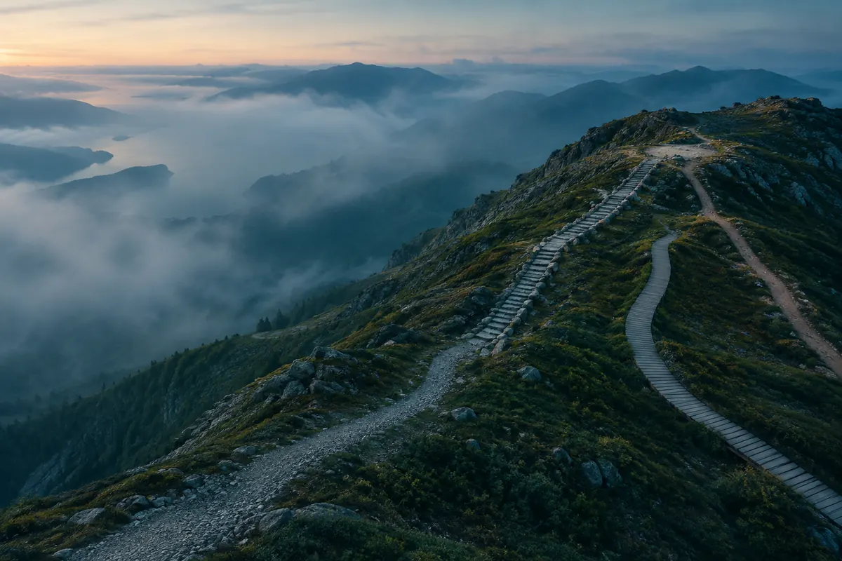 Four trails of gravel, stone steps, timber decking and packed earth climbing from misty valleys to one mountain saddle at dawn