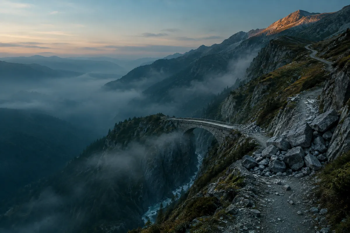 A mountain path climbing toward a pass at dawn, cut by a rockfall and a partly cleared stone bridge, with no one in sight.