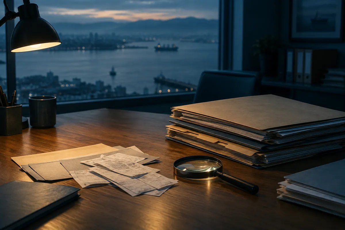 A tidy desk at dusk with stacked document folders, loose receipts and a magnifying glass, lit by a low desk lamp against a deep blue office.