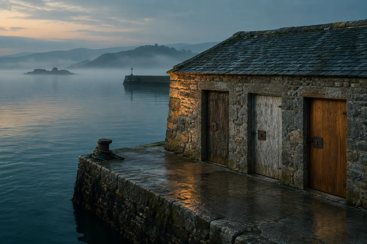 Three weathered wooden entrances of different ages in a stone quayside wall at dawn, each with an iron lock plate, mist on the water.