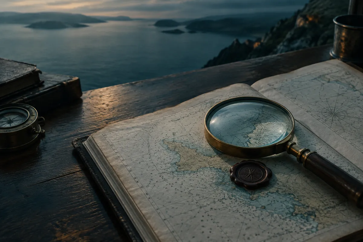 A brass magnifying glass and a wax-style verification stamp on a dark chart table, deep blue light with one amber highlight.