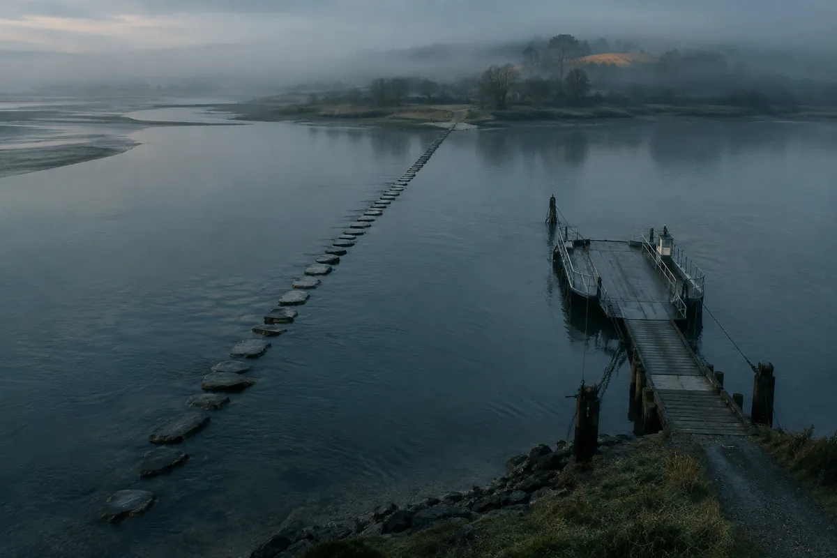 Aerial view of a grey estuary at dawn: stepping stones on the left, a cable ferry at a landing stage on the right, one misty far bank.