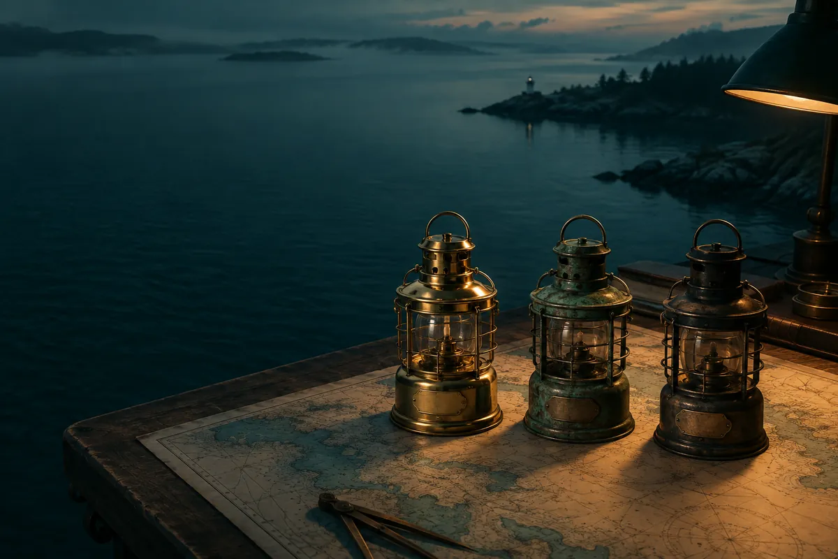 Three near-identical brass lanterns in a row on a chart table, one polished, one weathered, one darkened, under low desk lamp light.