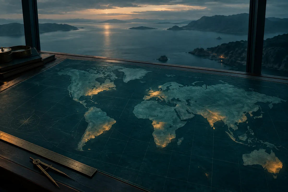 An abstract navigational chart of stylized, borderless continent silhouettes in deep teal, with a few ochre-lit patches.