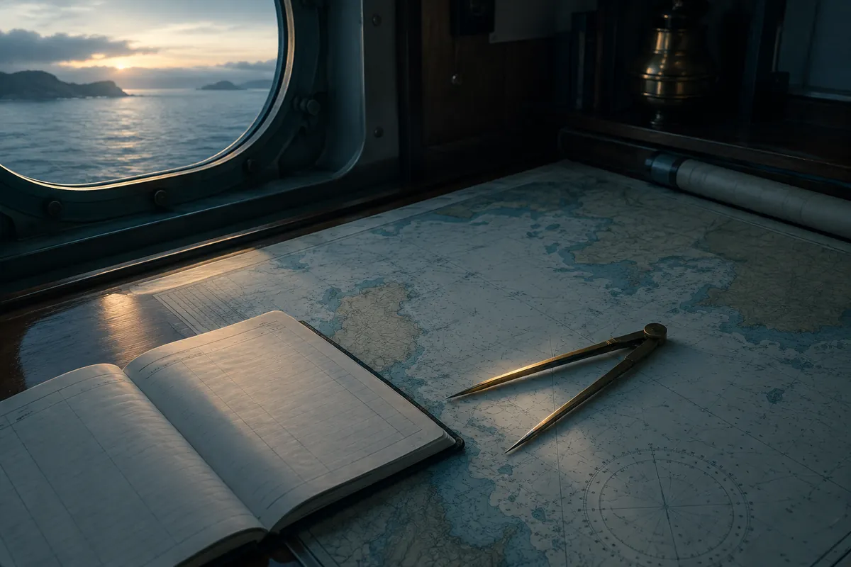A ship's navigation checklist and a pair of brass dividers open on a chart table below deck, in low early morning light