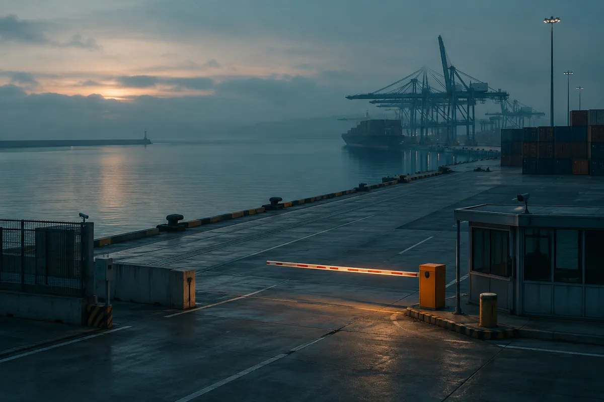 A customs checkpoint barrier and booth across an empty dockside at dawn, soft blue haze, no people or readable text visible.