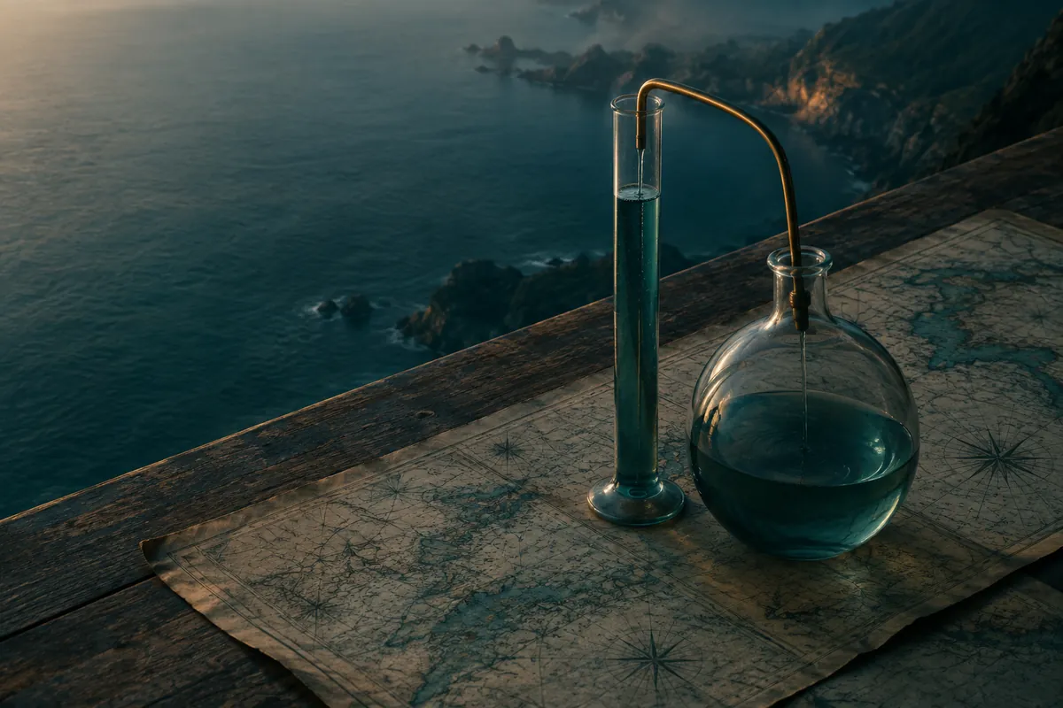 Two glass vessels of different shapes joined by a brass tube on a table of nautical charts, water rising in one and falling in the other.