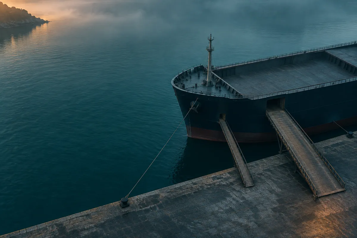 Wooden loading ramps of different widths rising from a quay to the hull of a moored ship, seen from above at dawn, with no cargo in sight.
