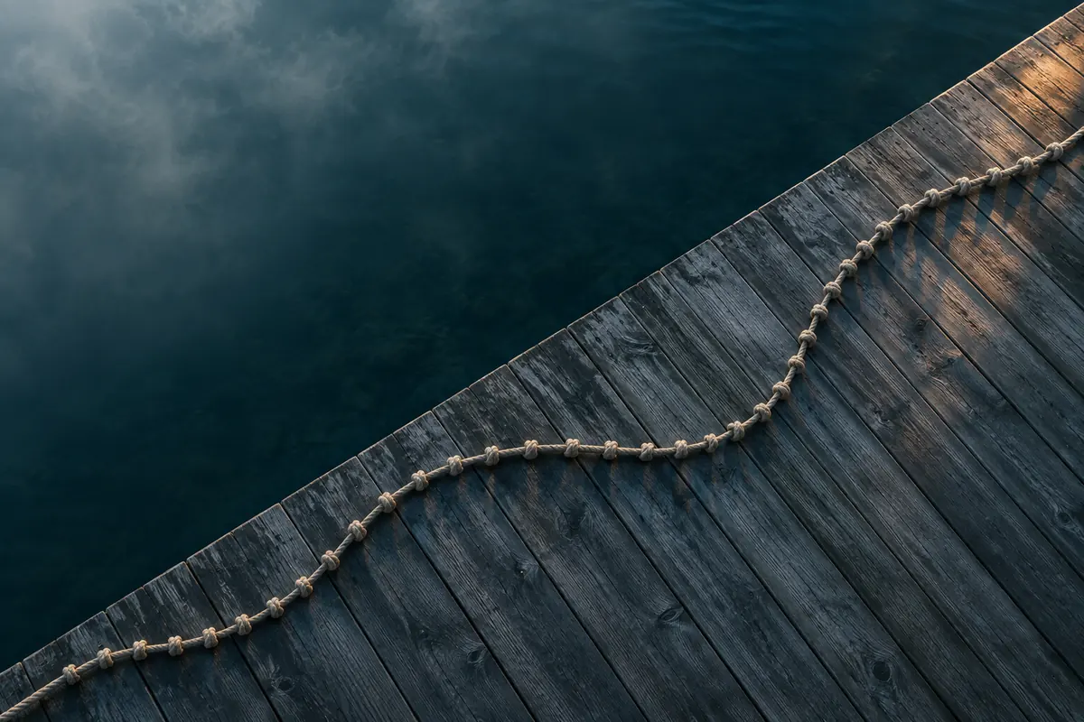 A natural-fibre rope in a gentle S-curve across the planks of a wooden jetty at dawn, seen from above, with evenly spaced knots.