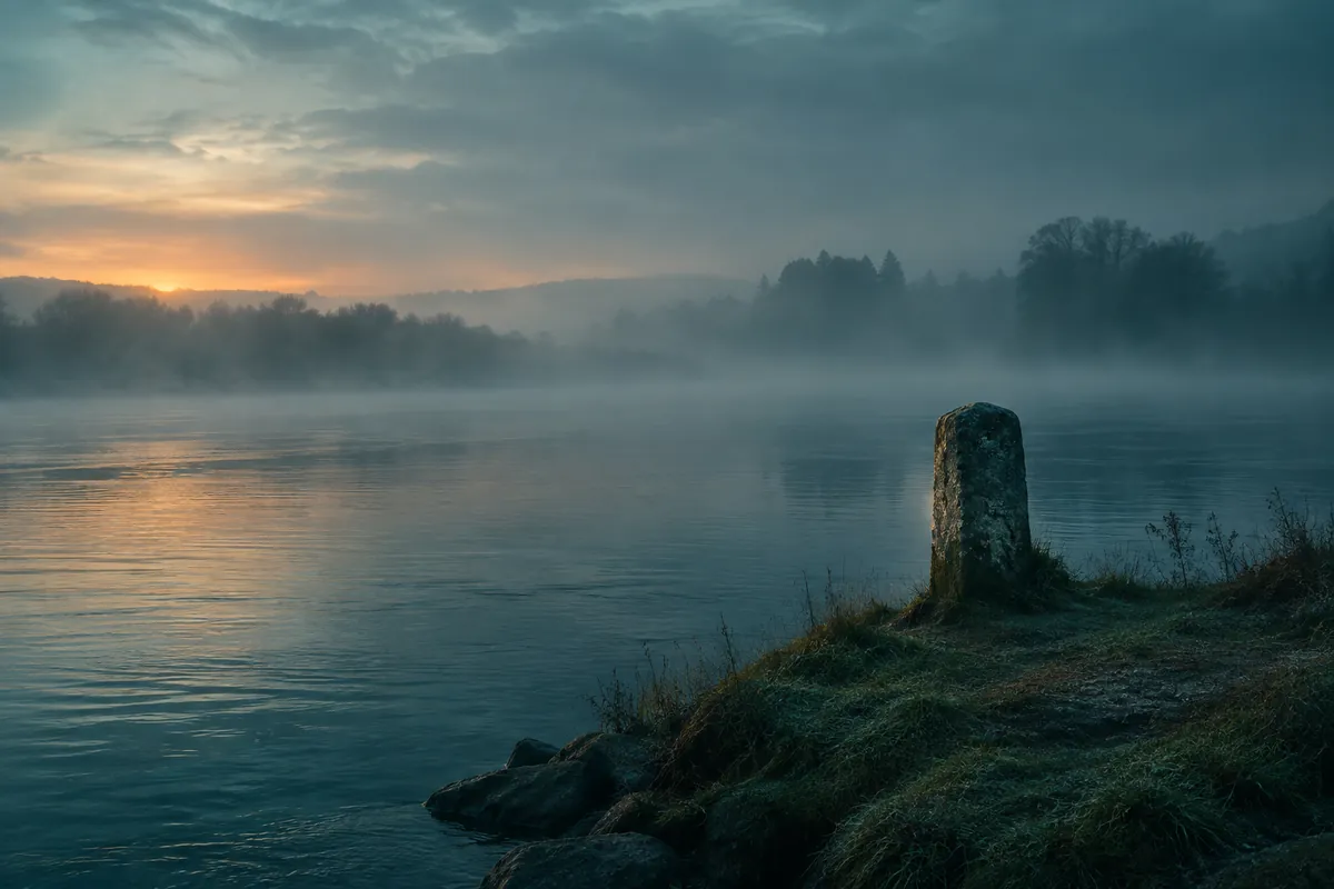 A lone weathered stone boundary marker on a low riverbank in dawn mist, seen from the far bank in cold teal light with one ochre glow.