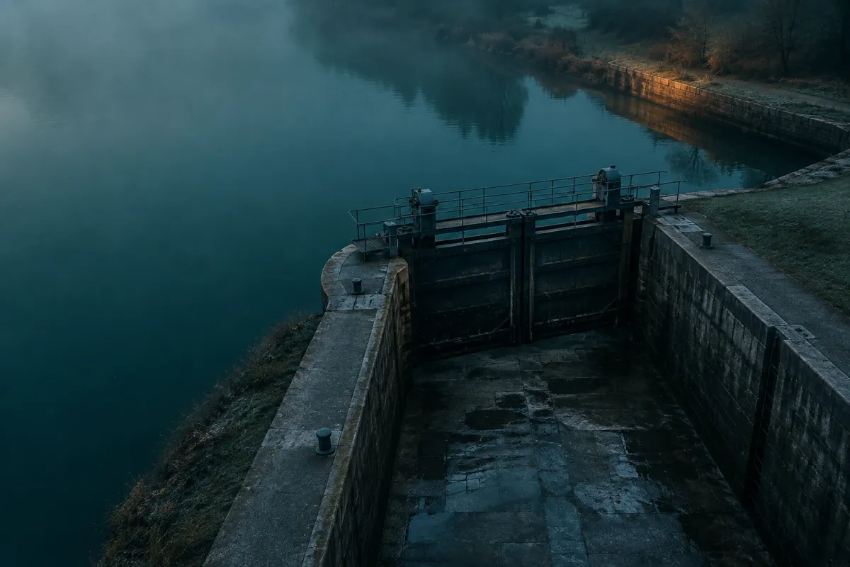 A closed canal lock gate seen from above at first light, its chamber drained to bare wet stone and the mechanism dry.