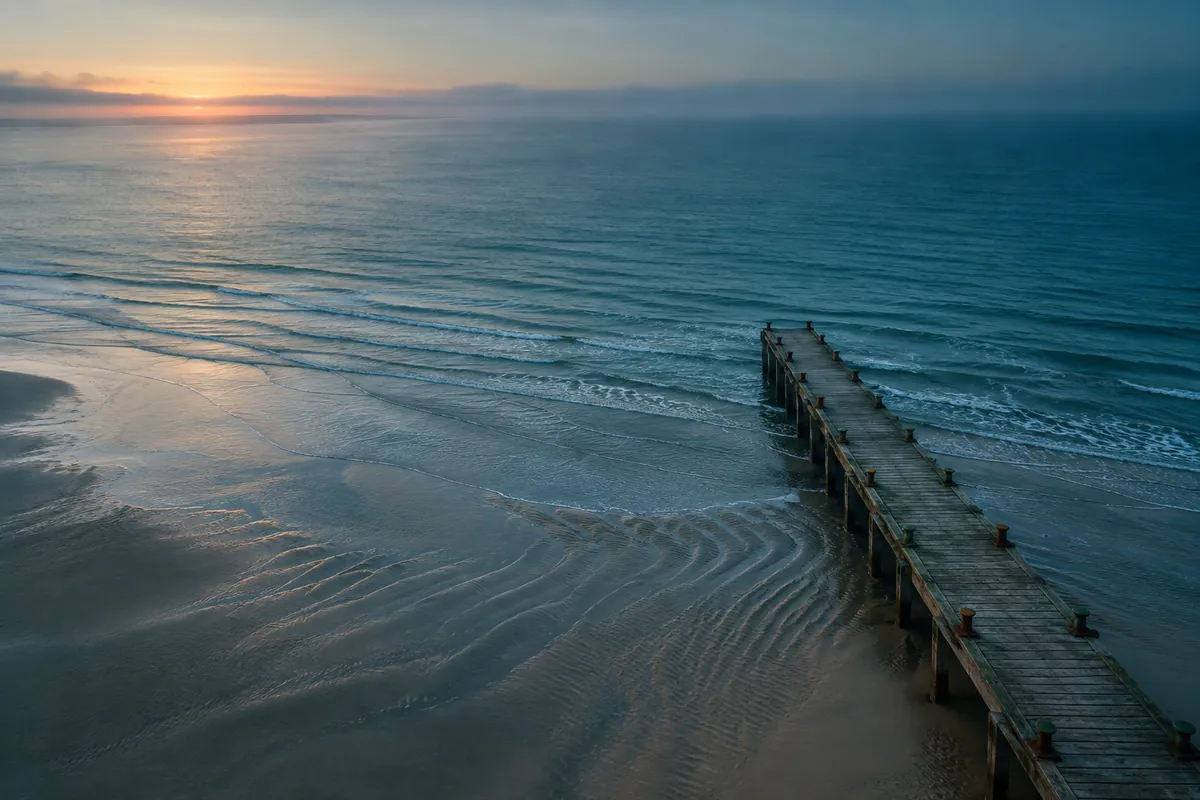 A sandbar at low tide seen from above at dawn, with one wooden jetty reaching toward open water and a row of mooring posts.