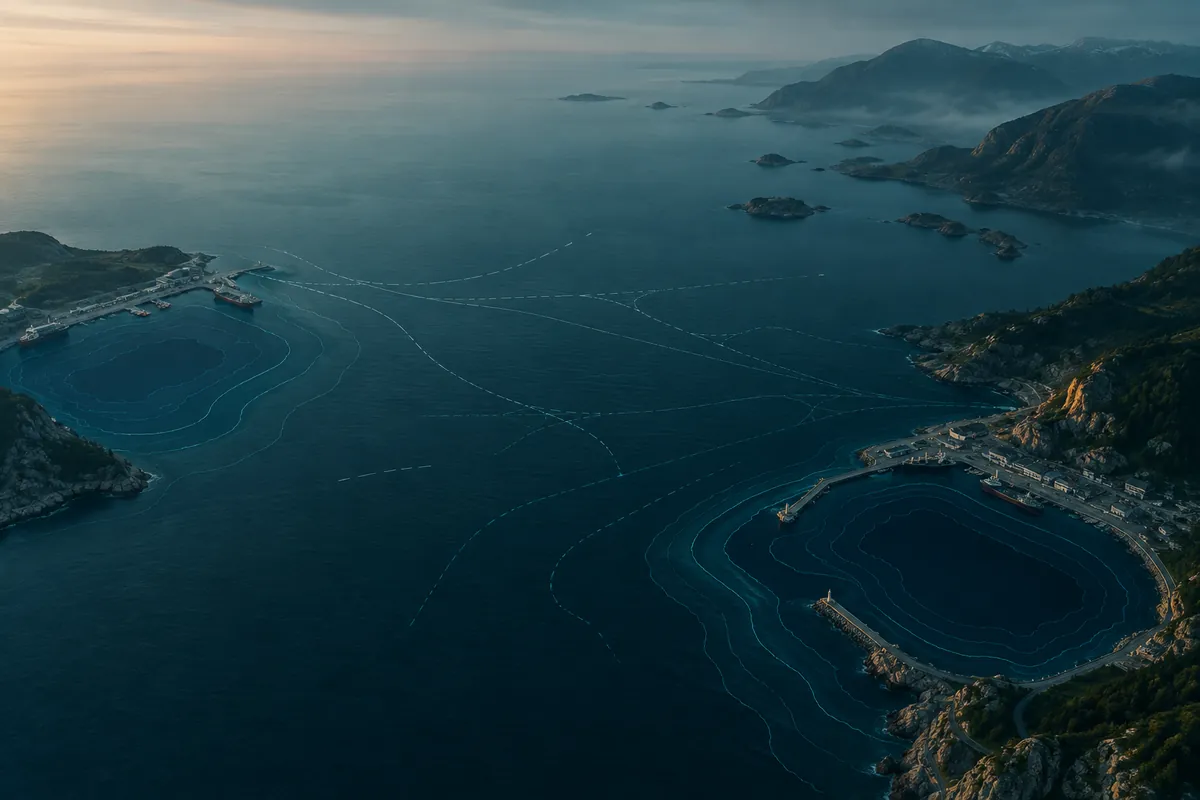 Two distant, unconnected zones on a stylized nautical chart, linked only by faint, uncertain navigation lines across open water