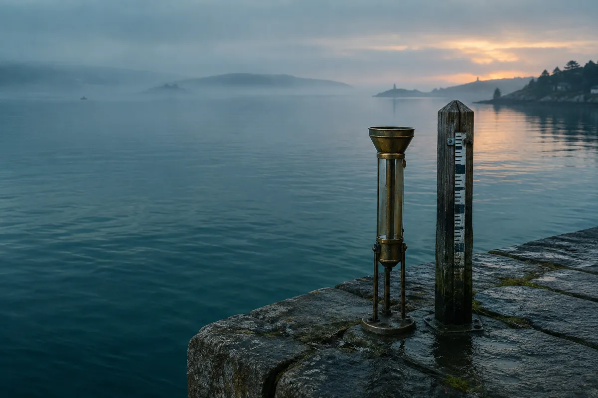 A brass rain gauge and a wooden tide gauge standing side by side at the edge of a stone quay at dawn, calm water behind them.