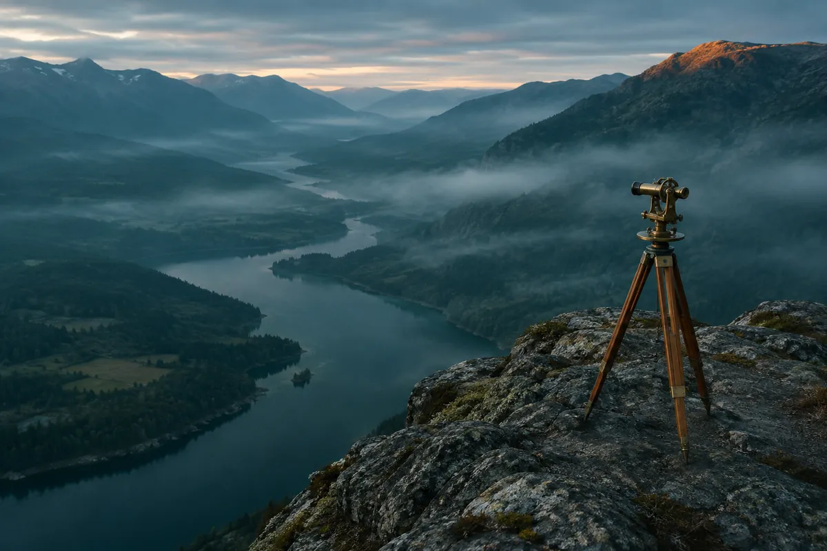 A brass theodolite on a wooden tripod on a bare headland at dawn, seen from above, with faint sight lines drawn by mist.