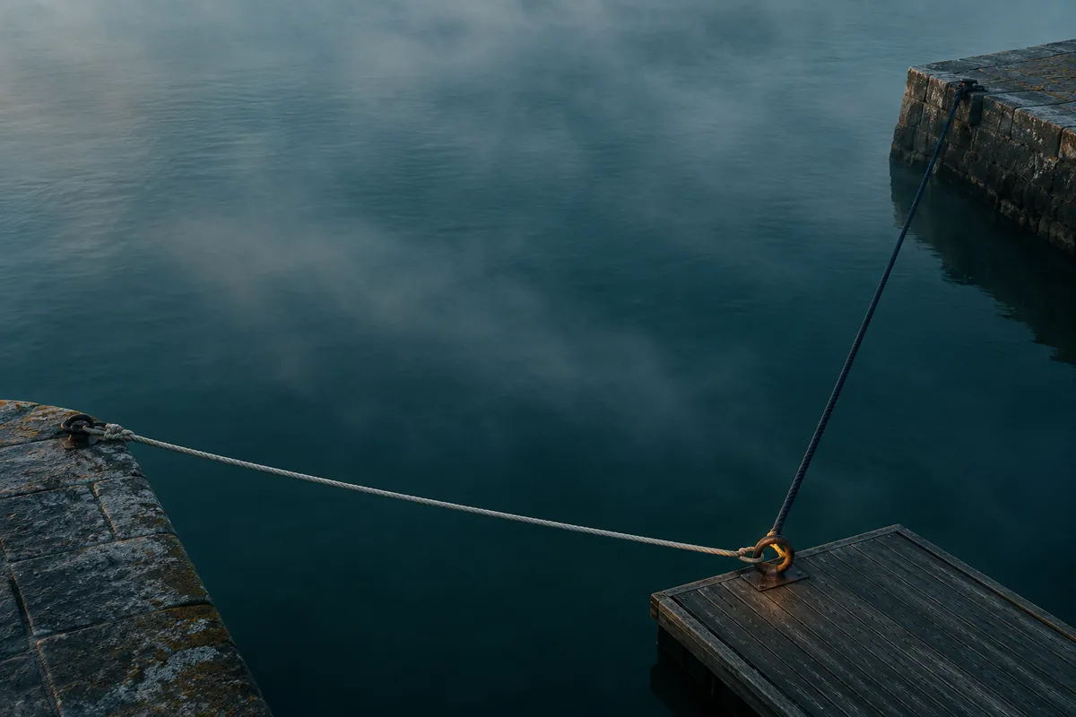 One pale and one dark rope run taut from two stone quays across calm water to a single iron mooring ring on a pontoon at dawn.