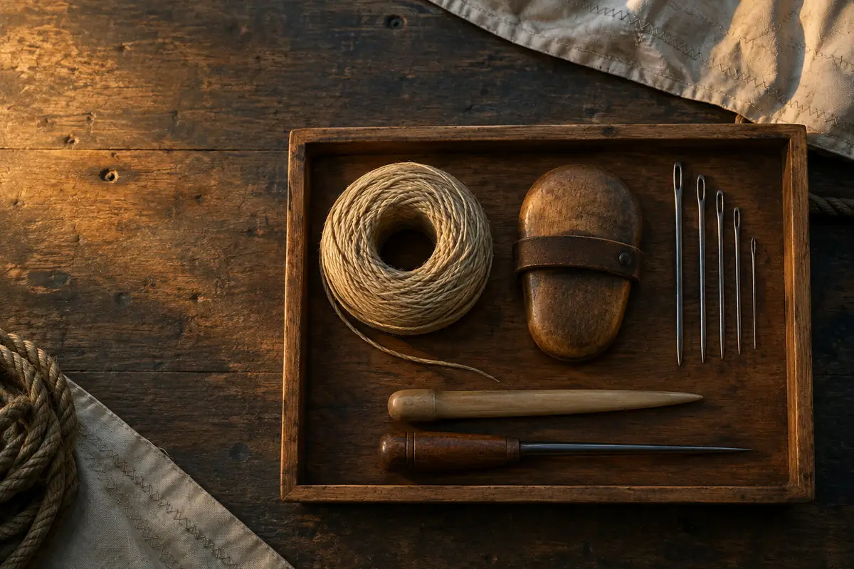 A wooden tray on a sailmaker's workbench seen from above, holding waxed twine, a palm, needles, a fid and a marlinspike in rows.