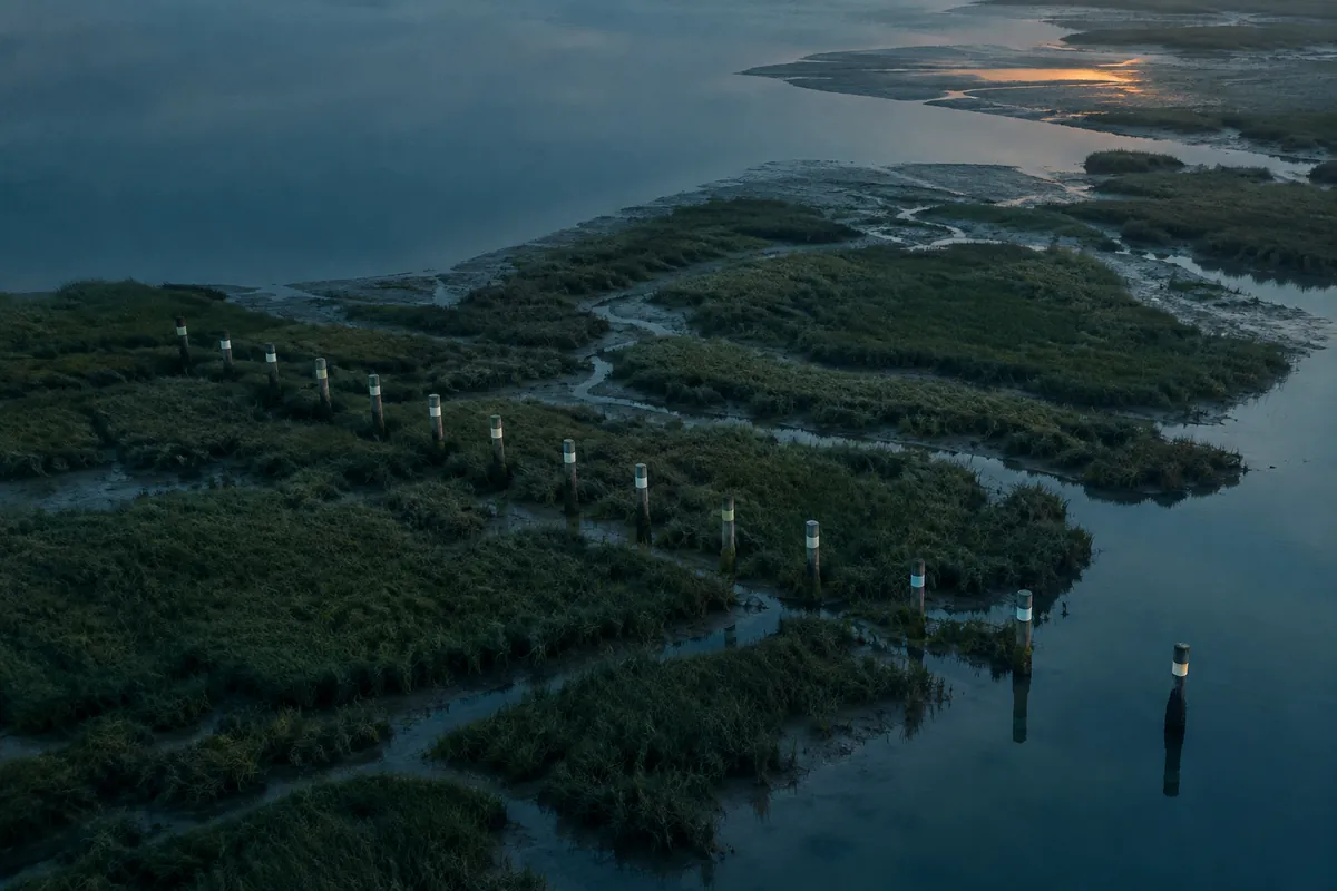 Surveyor's marker posts with painted bands crossing a salt marsh at dusk, seen from above, the last post at the water's edge.