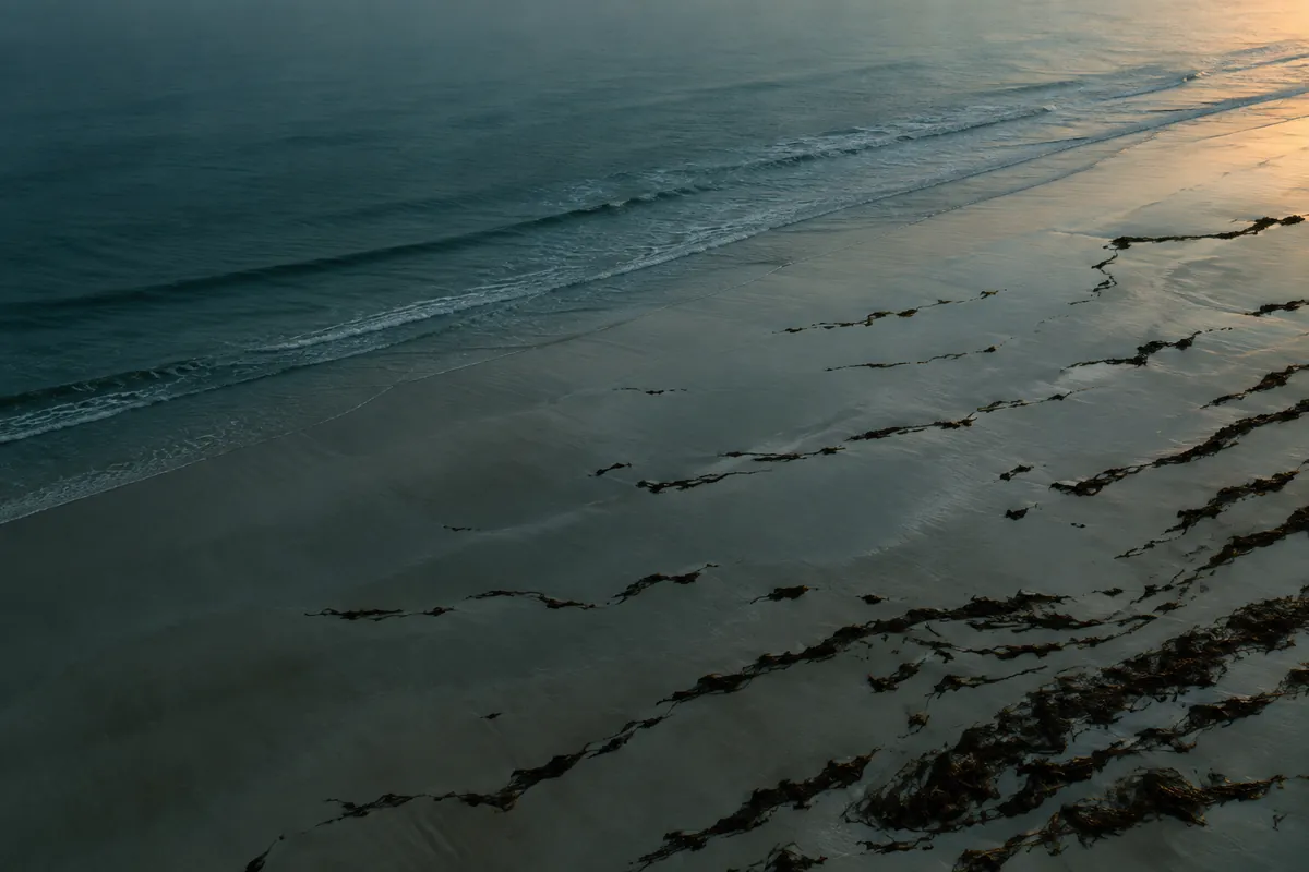 Smooth wet sand at dawn seen from above, with many uneven lines of dark seaweed left by the tide at different distances from calm water.