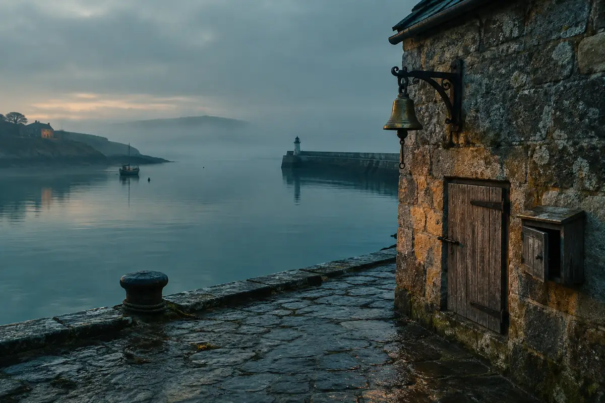 A small wooden hatch closed by a shutter in a stone quay wall at dawn, with a brass bell and an empty letterbox beside it.