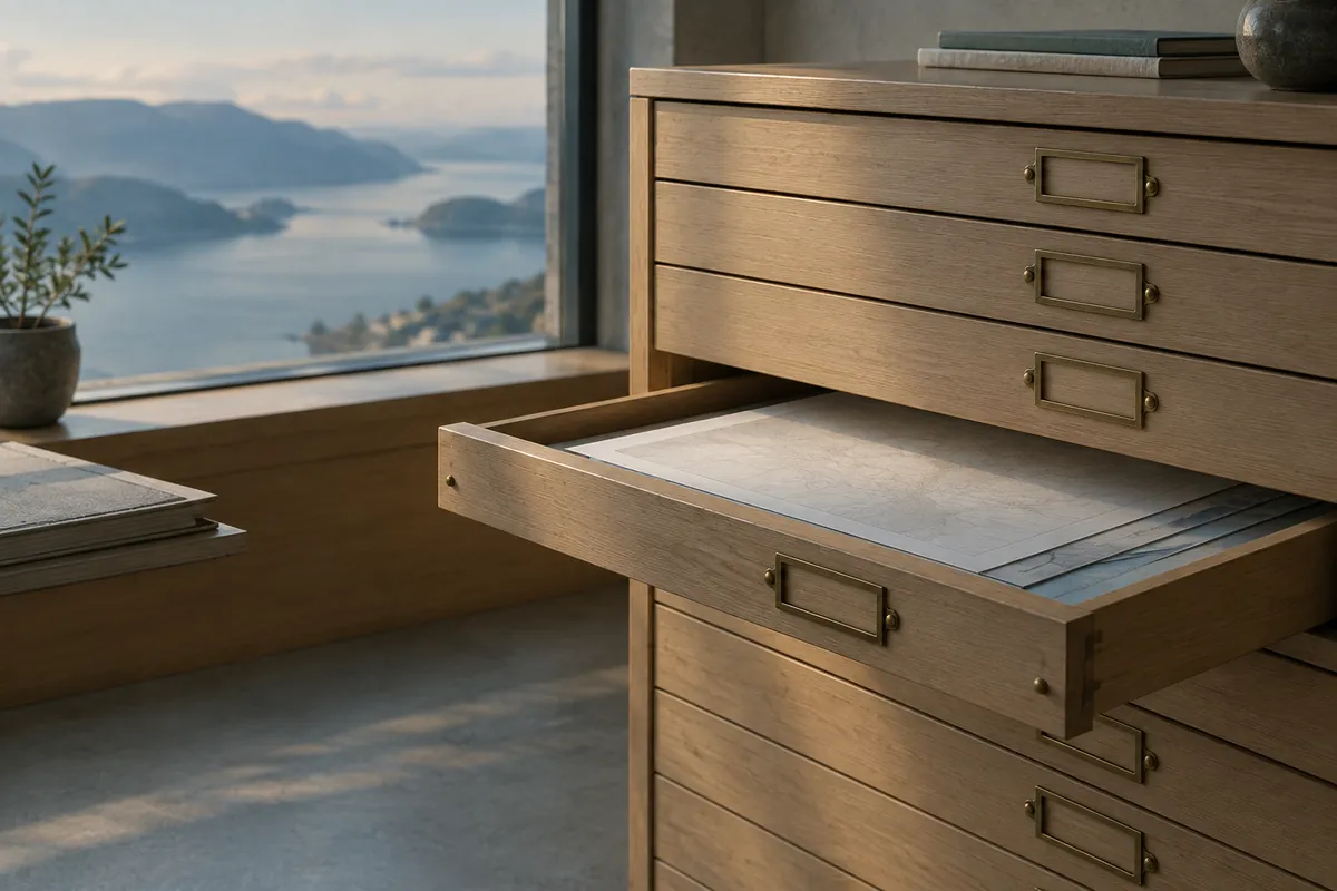 A light wooden map cabinet with flat drawers, one half open over pale blank sheets, brass fittings, empty label frames, soft morning light.