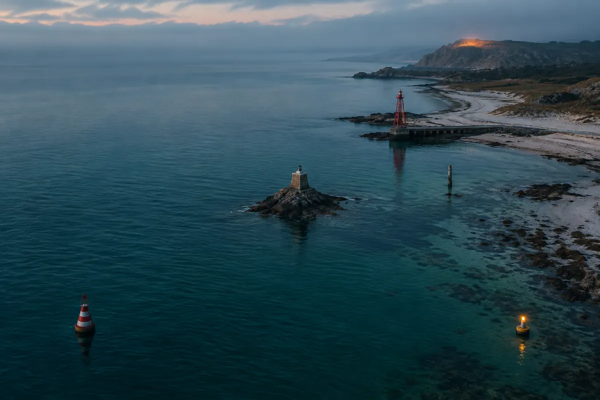 Five navigation markers of different shapes spaced along a shoreline at dusk, seen from above over calm water.