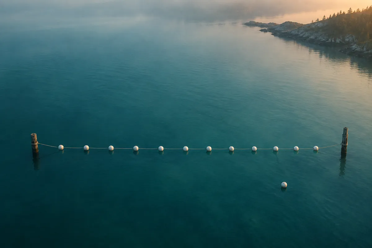 A deserted starting line at dawn seen from above, identical buoys joined between two wooden posts across calm water, one buoy drifted loose.