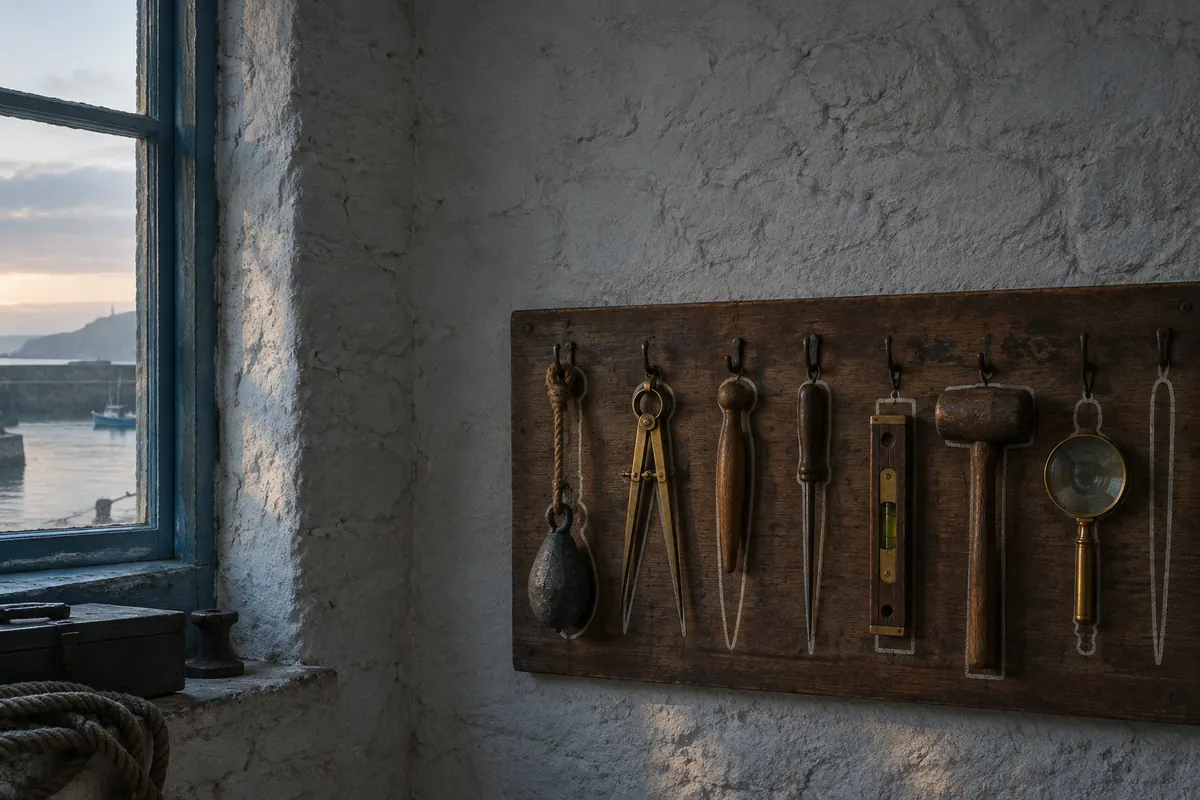 Seven hand tools of different shapes on a shadow board against a whitewashed wall, one hook empty.